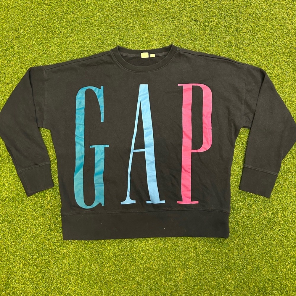 Gap Black Crewneck Sweatshirt Oversized Logo Teal Pink Blue Small